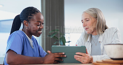 Buy stock photo Nurse, conversation and old woman in house with tablet, test results and good news for health checkup. Senior person, caregiver and talk in home with tech, positive feedback and happy for diagnosis.