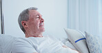 Thinking, old man and rest in bed at hospital, medical results and recovery for chronic illness. Sad, senior person and vision at facility for bad news, cancer diagnosis and geriatric rehabilitation