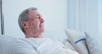 Buy stock photo Thinking, old man and rest in bed at hospital, medical results and recovery for chronic illness. Sad, senior person and vision at facility for bad news, cancer diagnosis and geriatric rehabilitation