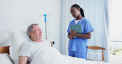 Buy stock photo Senior, man and nurse with tablet at hospital bed for recovery update, ward round or surgery concern. Old patient, worker and talk with tech in clinic for functional decline, care plan or observation