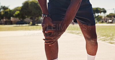 Buy stock photo Legs, knee pain and athlete with injury on basketball court for exercise, fitness or training accident. Hands, sports person and massage muscle for fibromyalgia, arthritis or health crisis outdoor
