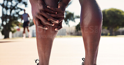Buy stock photo Legs, person and calf pain with injury on basketball court for exercise, fitness or training accident. Hands, sports athlete and massage muscle for fibromyalgia, arthritis or health crisis outdoor