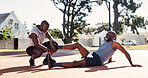 Basketball court, help and black man with leg accident, pain or support with first aid outdoor. Game, African friends and player with sports injury on ground for fitness, training and muscle cramp