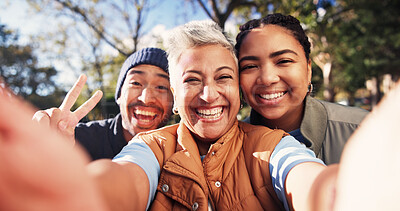Buy stock photo Happy, selfie and portrait of people in park for fresh air, wellness and connection for support. Outdoor, smile and friends with photo, profile picture and pov for social media, post and peace sign