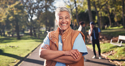 Buy stock photo Volunteer, park and portrait of mature woman for climate change, environmental care and charity. Crossed arms, happy and person outdoor for sustainability, community service and eco friendly ngo