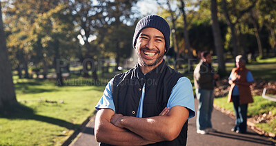 Buy stock photo Volunteer, happy and portrait of man in park for climate change, environmental care and charity. Crossed arms, outdoor and person with smile for sustainability, community service and eco friendly ngo