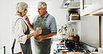 Cooking, taste and senior couple in kitchen for prep, bonding and helping with supper in home. Marriage, happy and man with woman with spoon, drink and test for dinner, lunch and meal together