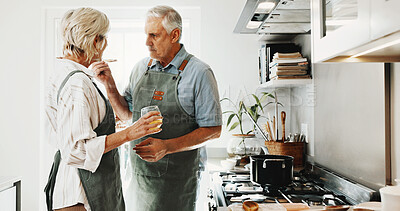 Buy stock photo Cooking, taste and senior couple in kitchen for prep, bonding and helping with supper in home. Marriage, happy and man with woman with spoon, drink and test for dinner, lunch and meal together