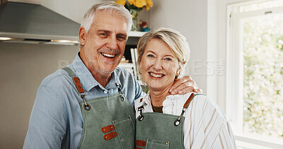 Buy stock photo Cooking, portrait or elderly couple in kitchen with support, happy moment or bonding with care. Retirement, smile or senior people with culinary hobby, healthy relationship or connection in home