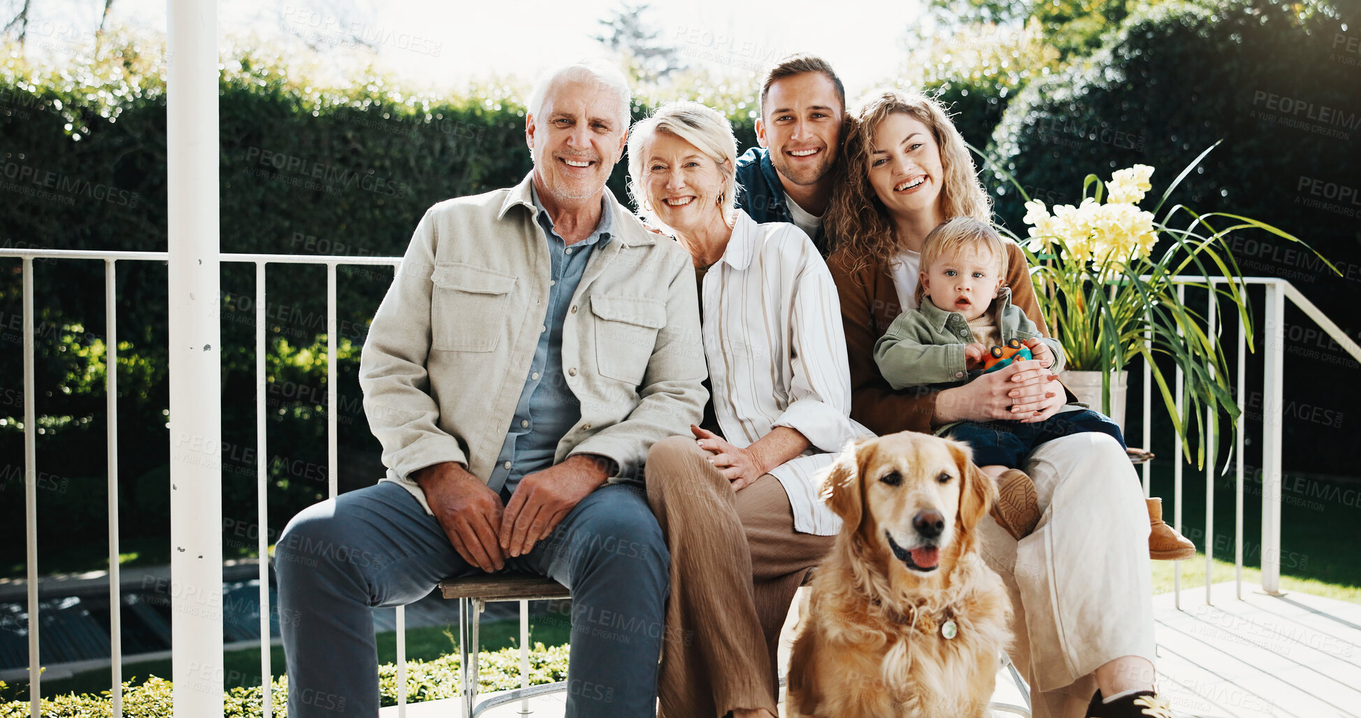 Buy stock photo Happy, portrait and grandparents, parents and child on patio for bonding, holiday and weekend. Backyard, generations and senior people with mom, dad and kid for love, relationship and relax with dog