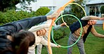 Fitness, outdoor and senior people with hoop for exercise, health or rehabilitation at retirement home. Happy, coach and group of elderly friends with stretching, workout or active in backyard.