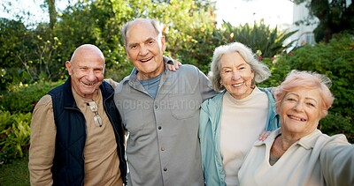 Buy stock photo Friends, selfie and old people with smile at park, bonding or profile picture for social media post. Outdoor, portrait and senior group on break, hug and happy for memory in nature and photography