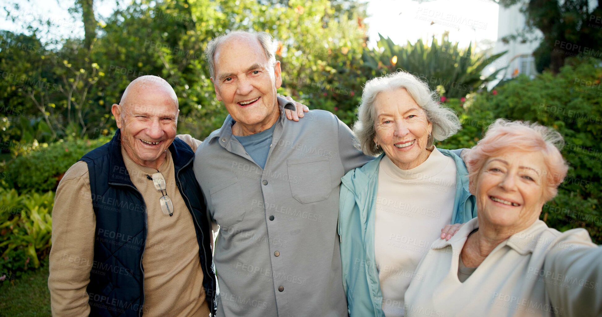 Buy stock photo Friends, selfie and old people with smile at park, bonding or profile picture for social media post. Outdoor, portrait and senior group on break, hug and happy for memory in nature and photography