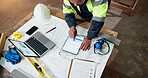 Carpenter, man and tablet screen in workshop for planning, project costing and price evaluation. Above, woodworker and tech in manufacturing warehouse for invoice, quality assurance and supply quote