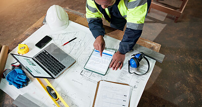 Buy stock photo Carpenter, man and tablet screen in workshop for planning, project costing and price evaluation. Above, woodworker and tech in manufacturing warehouse for invoice, quality assurance and blueprint