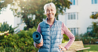 Buy stock photo Fitness, portrait or old woman in backyard with mat, active aging or pride in workout hobby. Happy, bokeh or senior person with wellness equipment, keeping fit or confidence in outdoor activity.