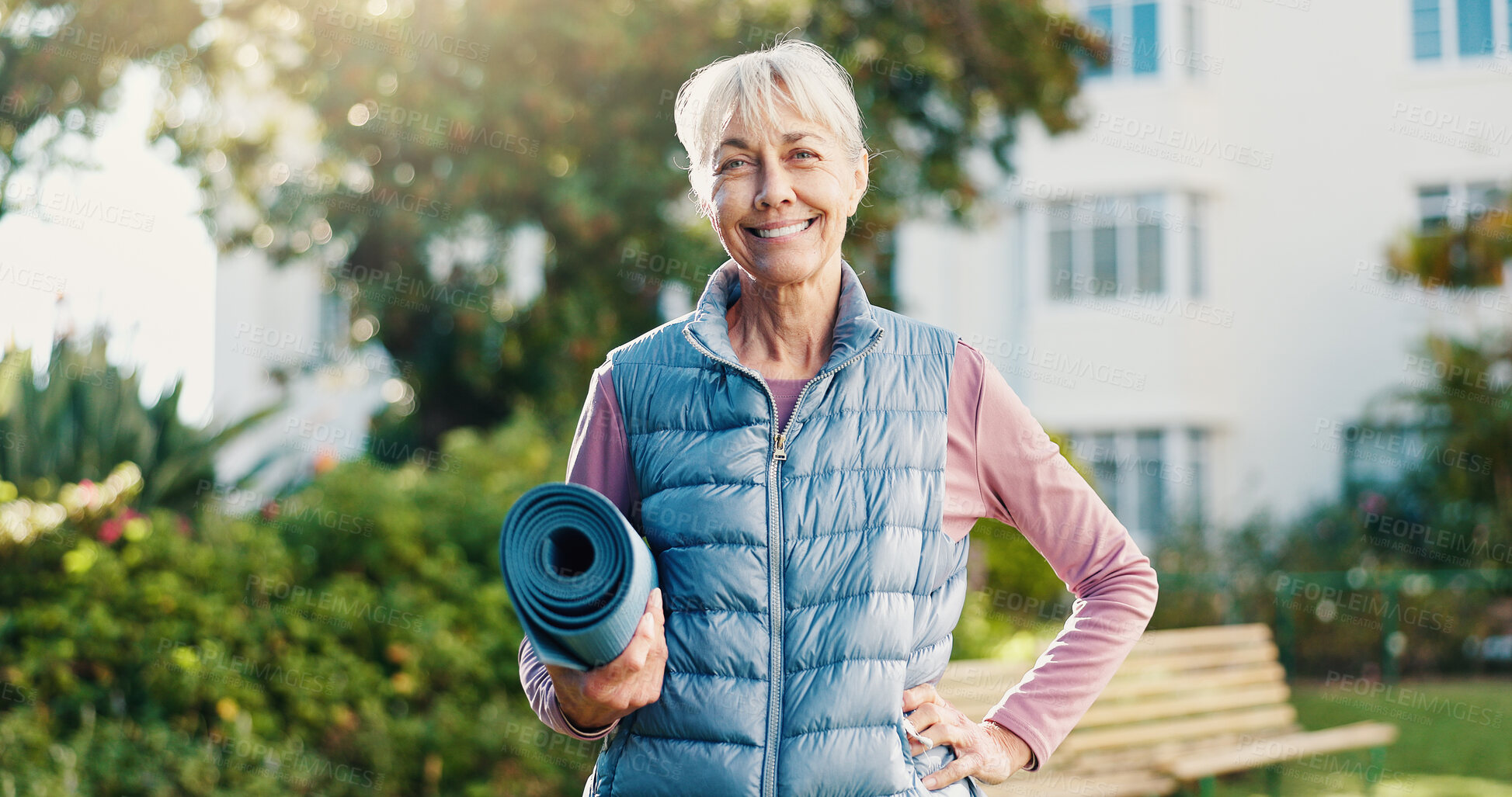 Buy stock photo Fitness, portrait or old woman in backyard with mat, active aging or pride in workout hobby. Happy, bokeh or senior person with wellness equipment, keeping fit or confidence in outdoor activity.