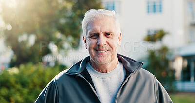 Buy stock photo Fitness, portrait or old man in backyard with smile, active aging or pride in workout hobby. Happy, bokeh or senior person with confidence, keeping fit or positive attitude in outdoor activity.