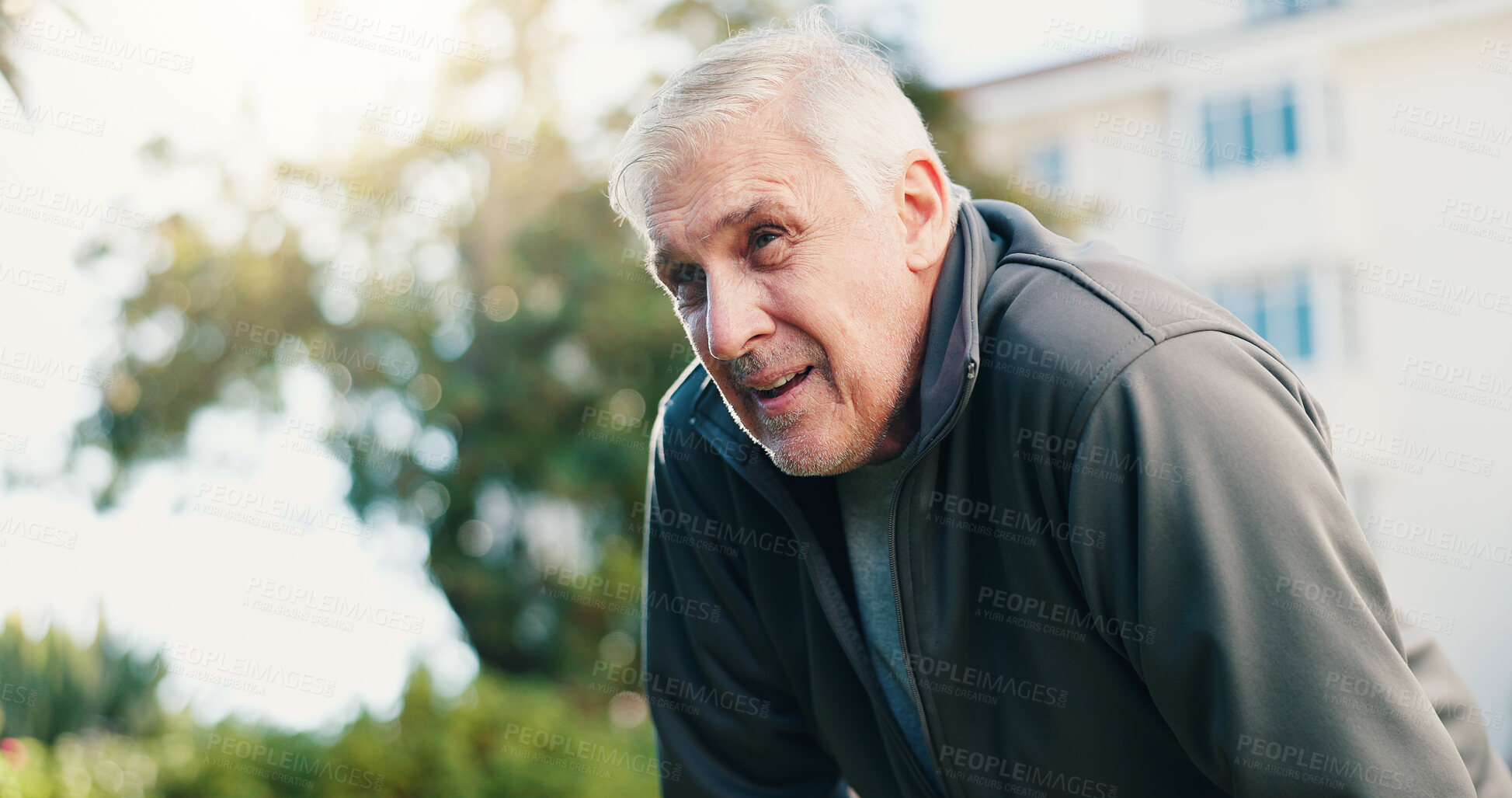 Buy stock photo Fitness, tired and senior man in city for breathing, workout recovery and rest with runner. Exercise break, active retirement and person with space for health, exhausted and outdoor with fatigue