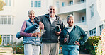 Fitness, portrait and old people outdoor by retirement home with smile, yoga mat and holistic health. Happy, senior friends or wellness by apartment building with support, pride or ready for exercise