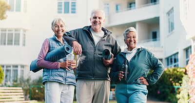 Buy stock photo Fitness, portrait and old people outdoor by retirement home with smile, yoga mat and holistic health. Happy, senior friends or wellness by apartment building with support, pride or ready for exercise
