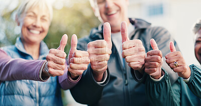 Buy stock photo Outdoor, hands and old people with thumbs up for fitness class, motivation and retirement wellness. Happy, senior friends and like emoji with encouragement for exercise, positivity or vitality goals.