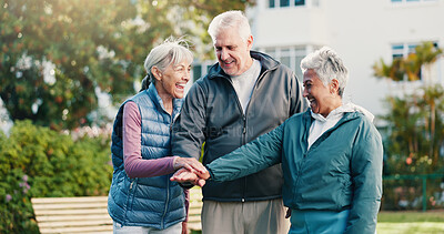 Buy stock photo Fitness, support or senior people with hands together, outdoor bonding or motivation for exercise. Happy, smile or elderly friends with collaboration, team or encouragement in retirement health