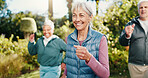 Smile, friends and senior people in park for fitness, body mobility and outdoor workout for wellness. Happy, elderly group and warm up together for training, exercise or retirement health in nature