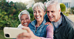 Fitness, selfie or old people in backyard with smile, active aging or connection in wellness hobby. Happy, friends or senior group with digital memory, keeping fit or bonding post for social media.