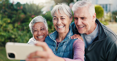 Buy stock photo Fitness, selfie or old people in backyard with smile, active aging or connection in wellness hobby. Happy, friends or senior group with digital memory, keeping fit or bonding post for social media.