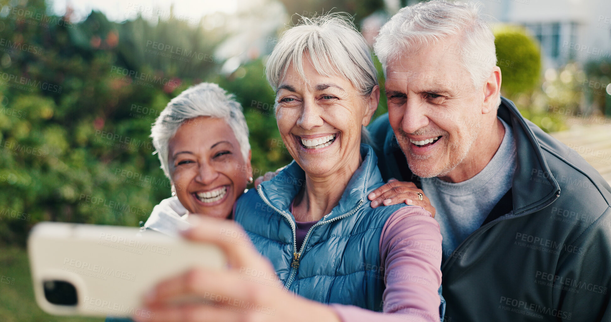 Buy stock photo Fitness, selfie or old people in backyard with smile, active aging or connection in wellness hobby. Happy, friends or senior group with digital memory, keeping fit or bonding post for social media.