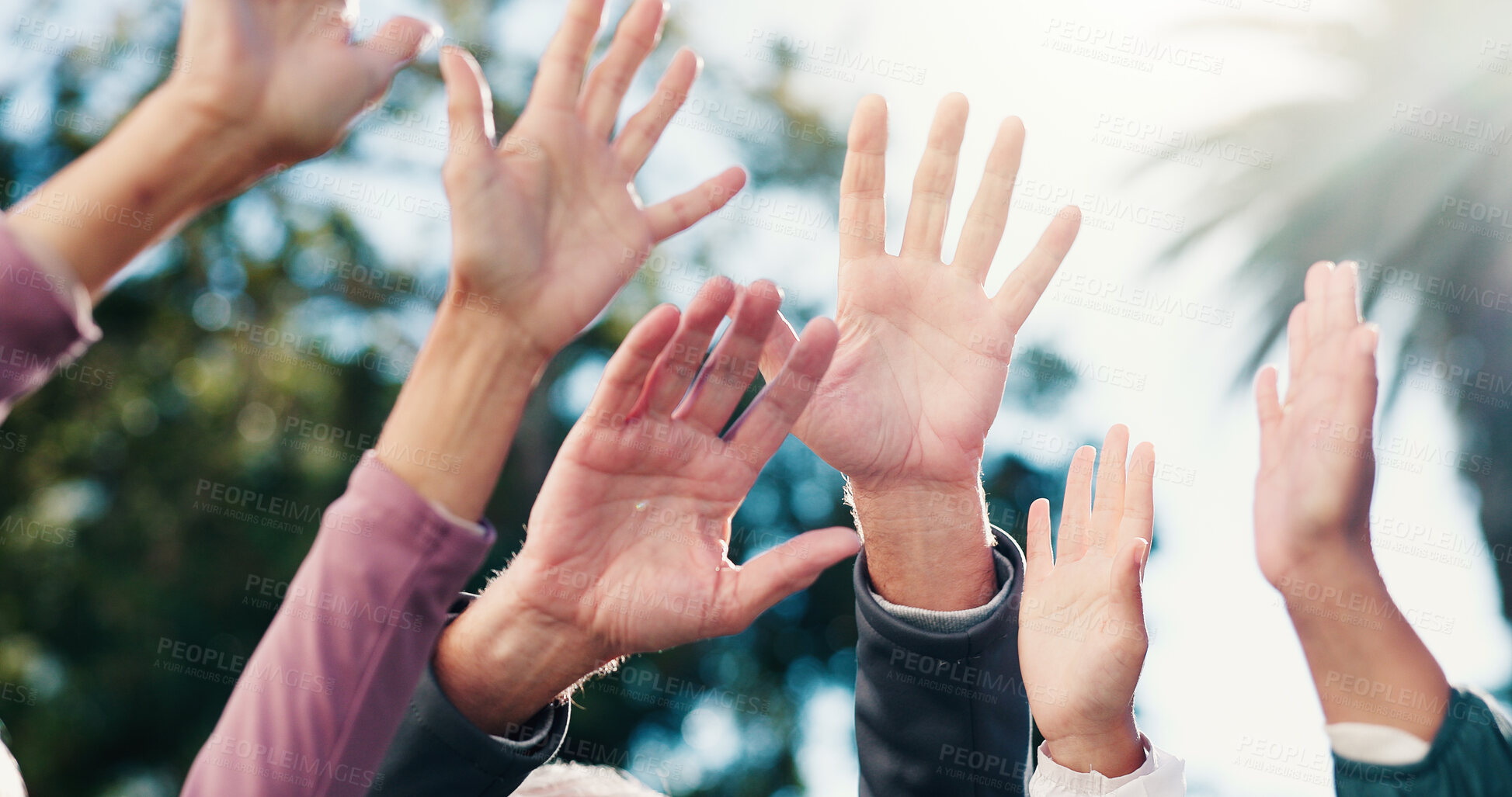 Buy stock photo Hands, solidarity and volunteer with people outdoor together for motivation, support or unity. Collaboration, community and partnership with group of friends in neighborhood for freedom or success