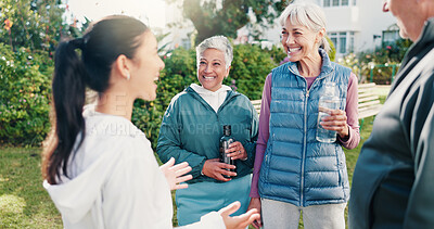 Buy stock photo Senior, people and discussion outdoor with personal trainer, exercise break and advice for wellness. Happy, old friends and fitness coach in retirement home garden with class, help and vitality tips.