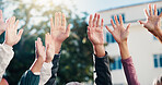 Community, hands and volunteer with people outdoor together for motivation, support or unity. Collaboration, partnership and solidarity with group of friends in neighborhood for freedom or success