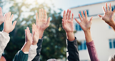 Buy stock photo Community, hands and volunteer with people outdoor together for motivation, support or unity. Collaboration, partnership and solidarity with group of friends in neighborhood for freedom or success