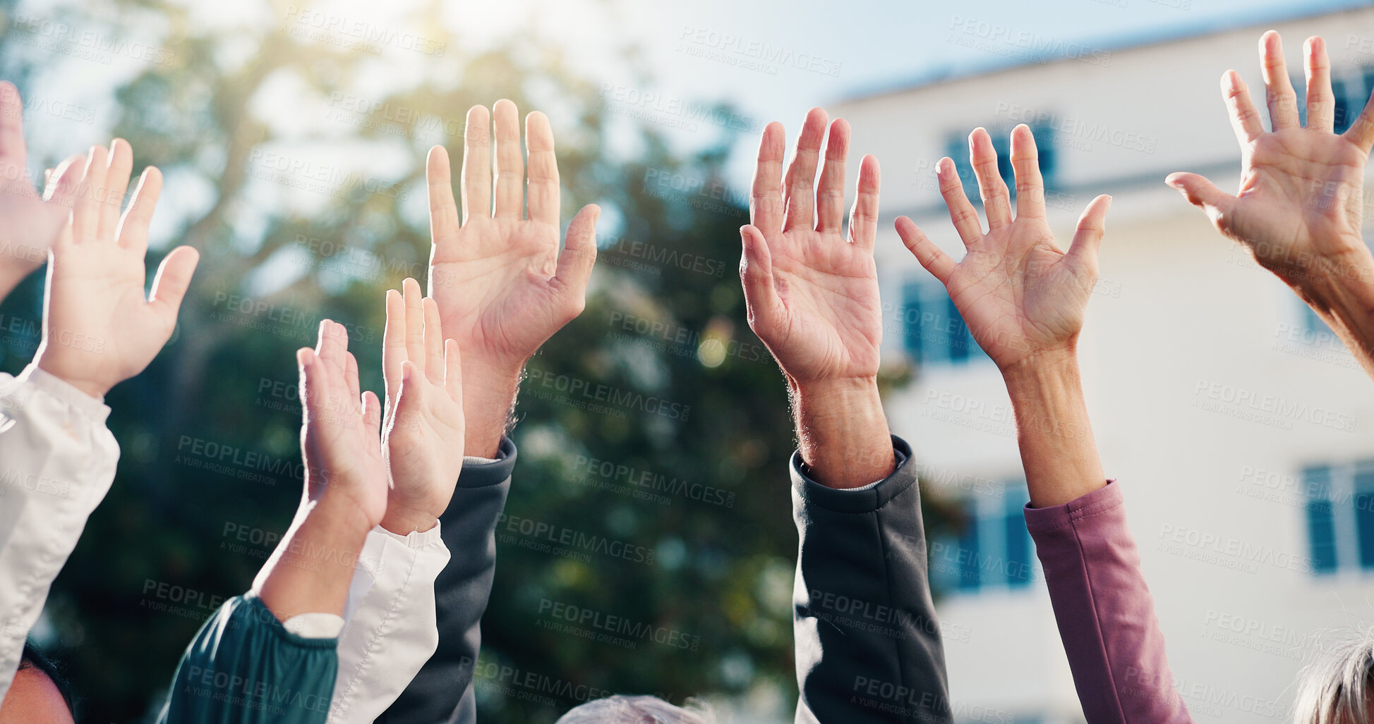 Buy stock photo Community, hands and volunteer with people outdoor together for motivation, support or unity. Collaboration, partnership and solidarity with group of friends in neighborhood for freedom or success
