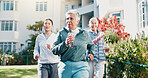 Woman, outdoor and senior people with personal trainer, workout together and movement for wellness. Fitness coach, pensioner group and walk by retirement home with exercise, breathing and guidance.
