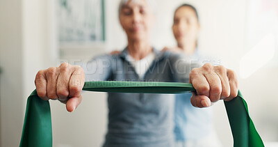 Buy stock photo Hands, physiotherapy and resistance band with people in session together for exercise or healing. Fitness, rehabilitation and recovery of old person with chiropractor in health clinic for consulting