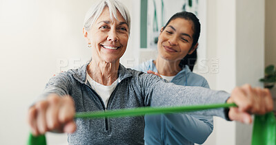 Buy stock photo Rehabilitation, resistance band and smile with women in session together for exercise or healing. Fitness, physiotherapy and recovery of happy senior with chiropractor in health clinic for consulting