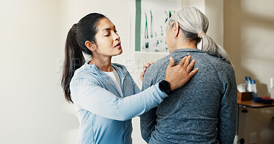 Buy stock photo Physio, checkup and old woman in office with back pain, assessment and recovery from injury. Physiotherapist, massage or senior person at clinic for physiotherapy, spine evaluation and rehabilitation