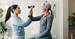 Consulting, dumbbell and rehabilitation with women in session together for exercise or healing. Fitness, physiotherapy and senior person with chiropractor in health clinic for strength training