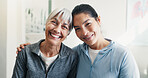 Portrait, physiotherapist and old woman in clinic with hug, wellness and support for rehabilitation. Happy, senior person and physical therapist in office with consultation, embrace and assistance.