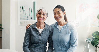 Buy stock photo Portrait, physiotherapist and old woman in clinic with smile, wellness or support for rehabilitation. Happy, senior person and physical therapist in office with consultation, assistance and recovery.