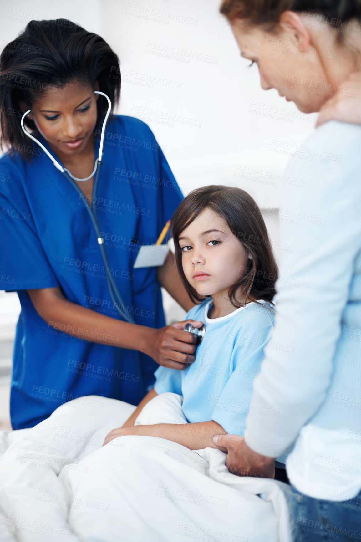 Buy stock photo Stethoscope, checkup and nurse with child in hospital for cardiology exam in recovery. Portrait, mother and healthcare worker with girl patient for breathing test with medical tool in consultation.