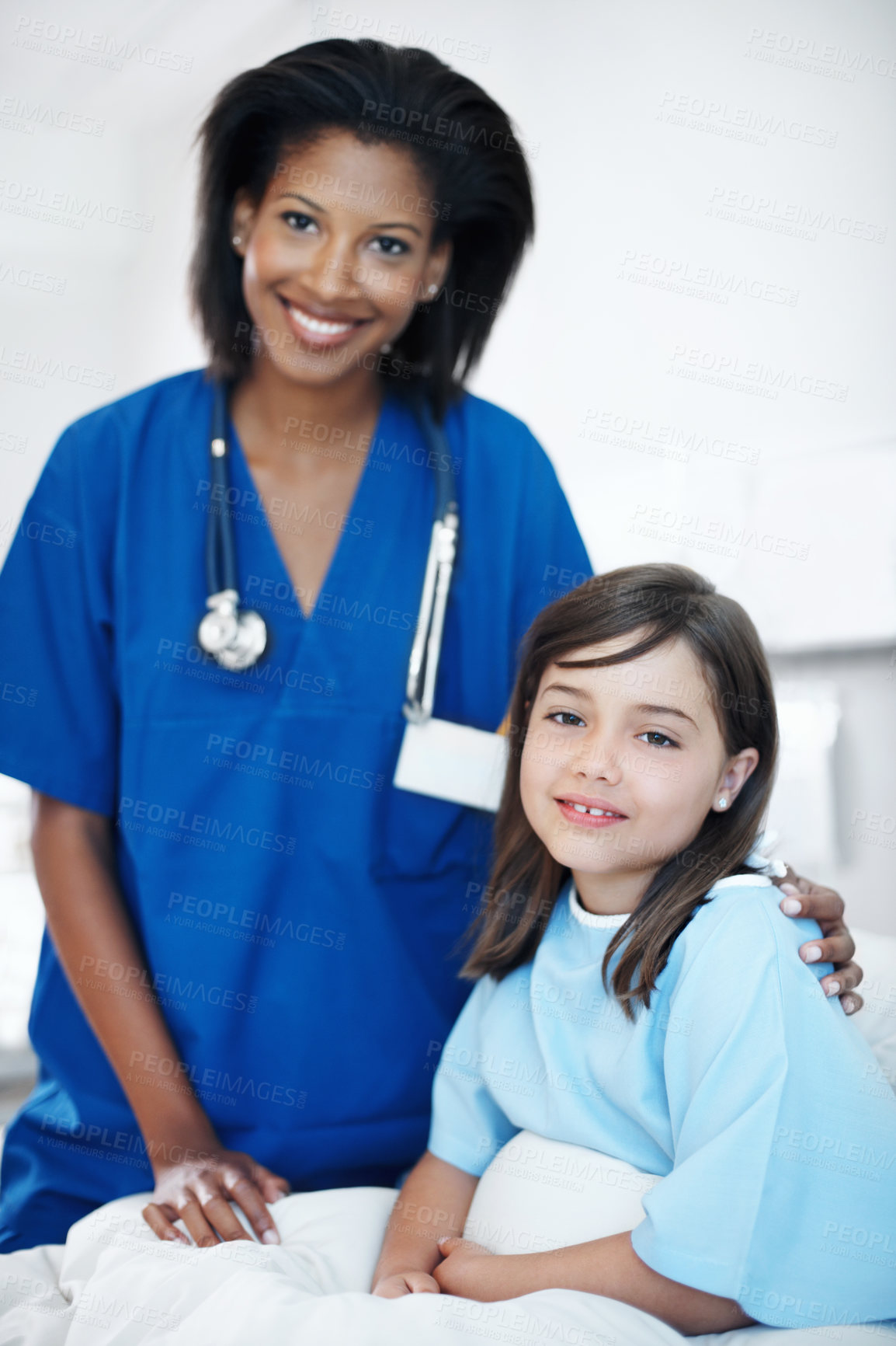 Buy stock photo Consultation, portrait and nurse with child in hospital for healthcare, support or treatment. Happy, rest and pediatric worker with girl patient for medical checkup, appointment or rehabilitation.