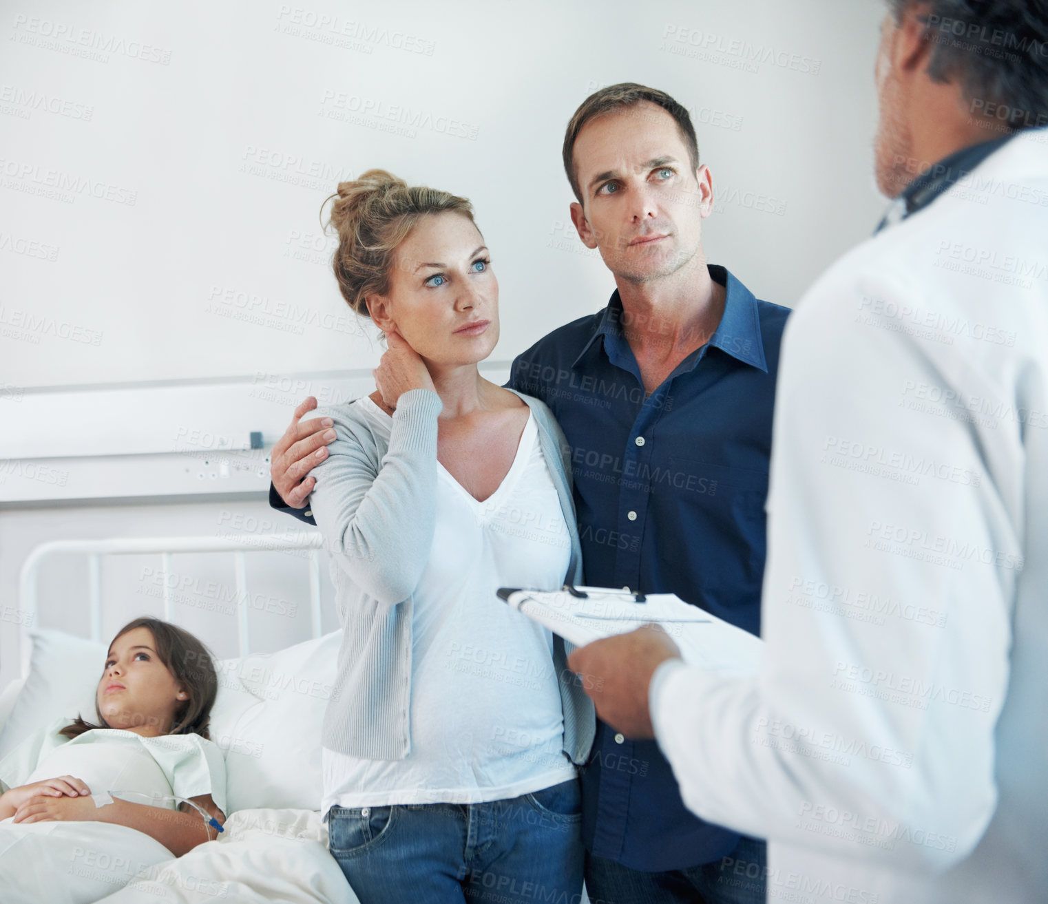 Buy stock photo Clipboard, feedback and pediatrician speaking to parents in hospital for care of daughter. Concern, consulting and news with doctor talking to people in clinic for child healthcare or medical report