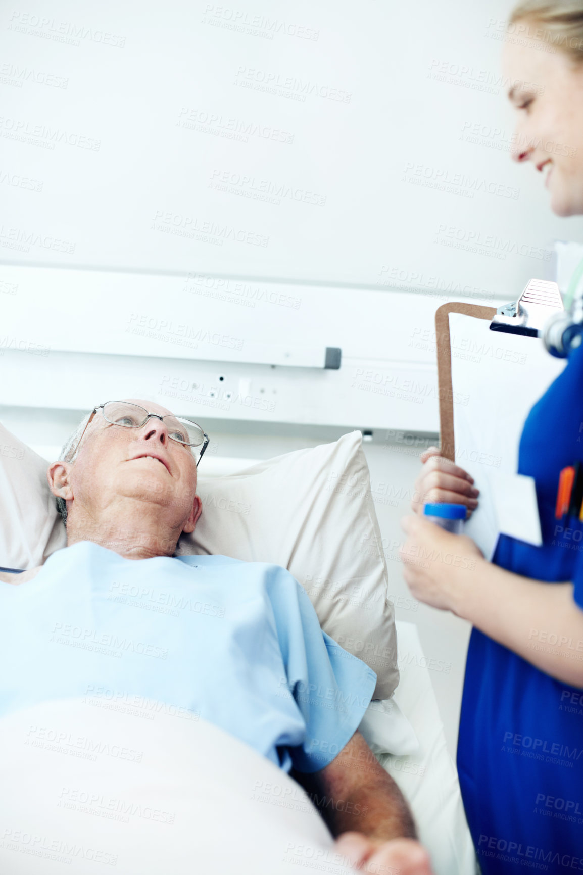 Buy stock photo Hospital, clipboard and nurse with old man for medical check up, wellness report and health exam. Healthcare, consulting and woman with patient in bed for healing, surgery recovery and checklist