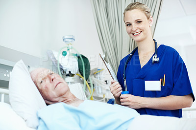 Buy stock photo Health, old man and nurse with clipboard at hospital bed for wellness check, surgery recovery or help. Portrait, senior patient and medical worker with checklist for healing update, support or happy 