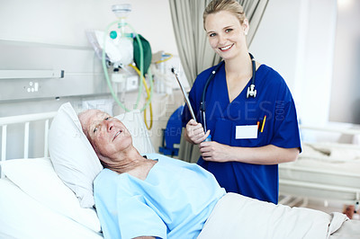 Buy stock photo Medical, old man and nurse with clipboard at hospital bed for wellness check, surgery recovery or help. Portrait, senior patient and health worker with checklist for healing update, support or happy