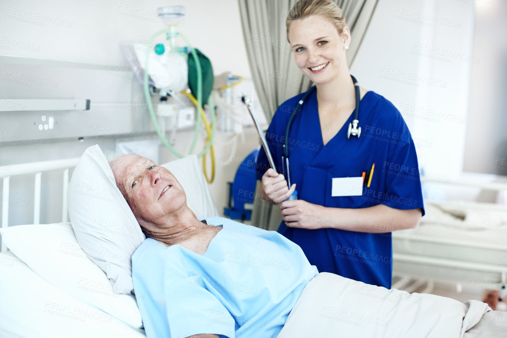 Buy stock photo Medical, old man and nurse with clipboard at hospital bed for wellness check, surgery recovery or help. Portrait, senior patient and health worker with checklist for healing update, support or happy